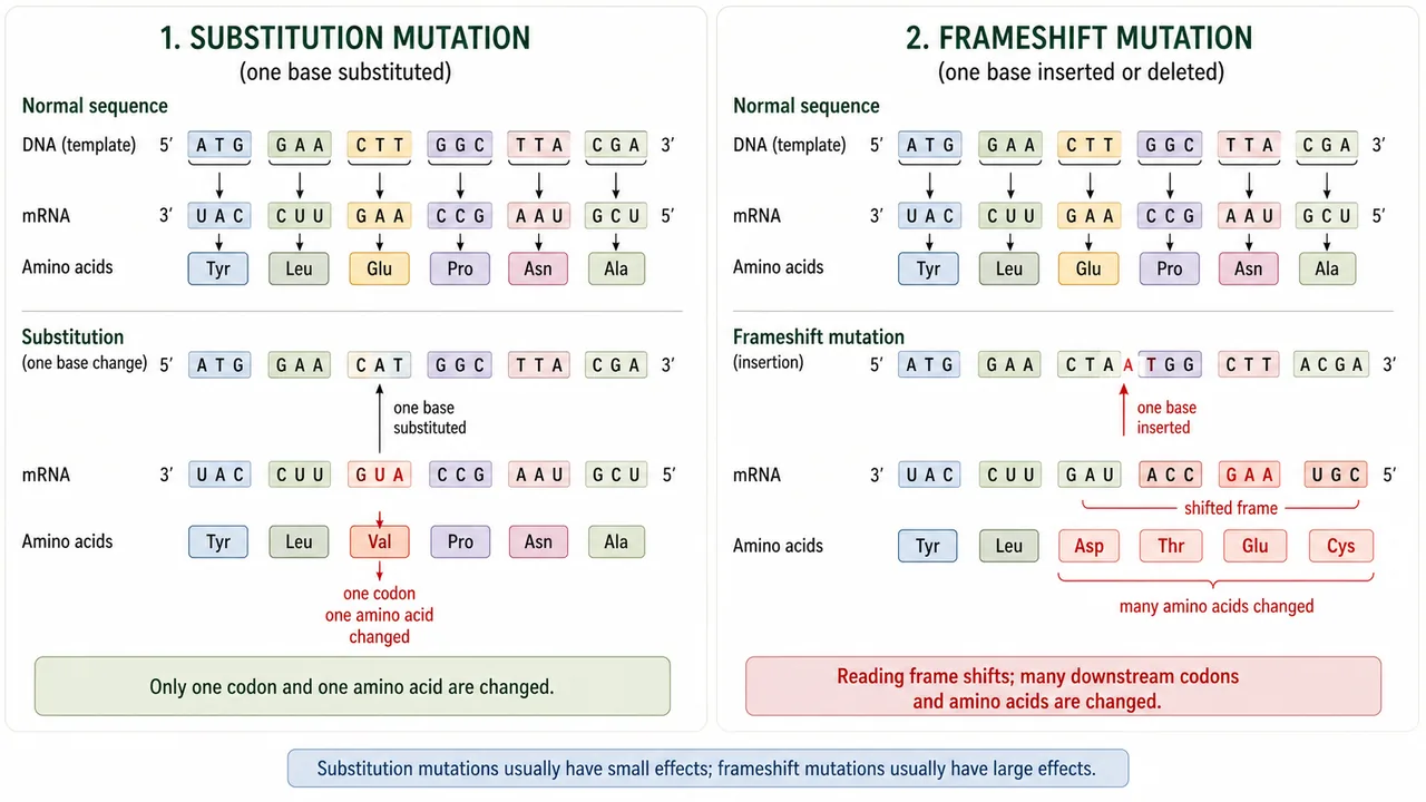 Comparison of substitution mutation and frameshift mutation showing one codon change versus shifted reading frame changing many downstream amino acids