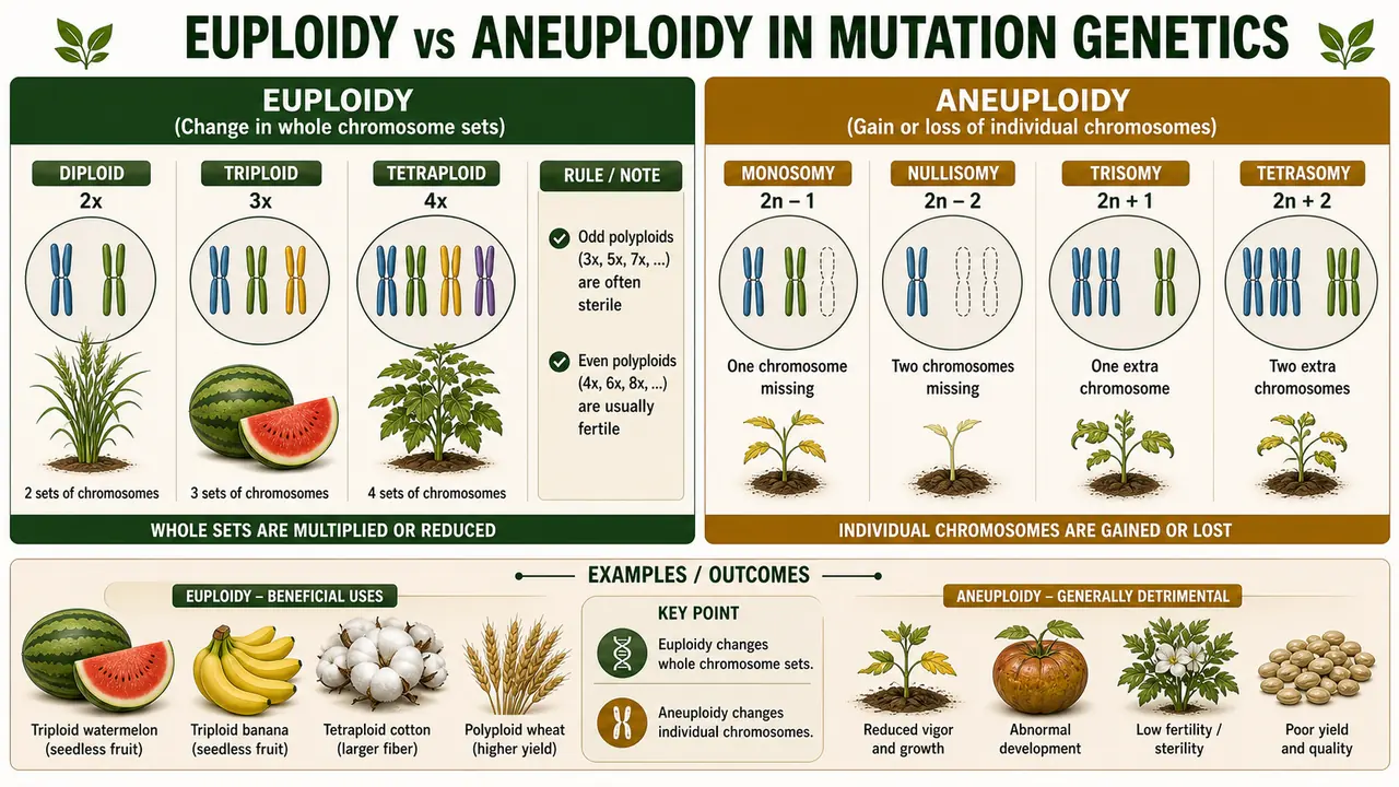 Comparison of euploidy and aneuploidy in mutation genetics showing whole-set chromosome changes such as triploid and tetraploid versus individual chromosome gain or loss such as monosomy, nullisomy, trisomy, and tetrasomy