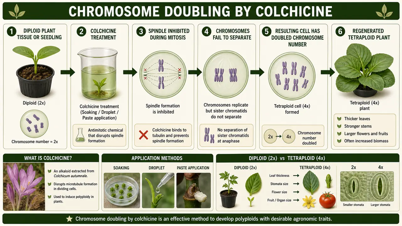 Chromosome doubling by colchicine showing diploid plant tissue, colchicine treatment, spindle inhibition during mitosis, failure of chromatid separation, doubled chromosome number, and regenerated tetraploid plant