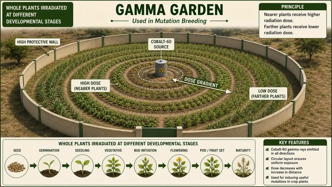 Gamma garden used in mutation breeding showing a cobalt-60 source at the center, concentric rings of plants at increasing distance, a protective wall, and a dose gradient from high near the source to low farther away