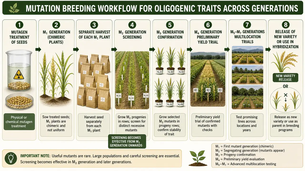 Stepwise mutation breeding workflow for oligogenic traits showing mutagen treatment, M1 chimeric plants, separate harvest of each M1 plant, M2 screening, M3 confirmation, M4 preliminary yield trial, M5 to M7 multilocation trials, and release or use in hybridization