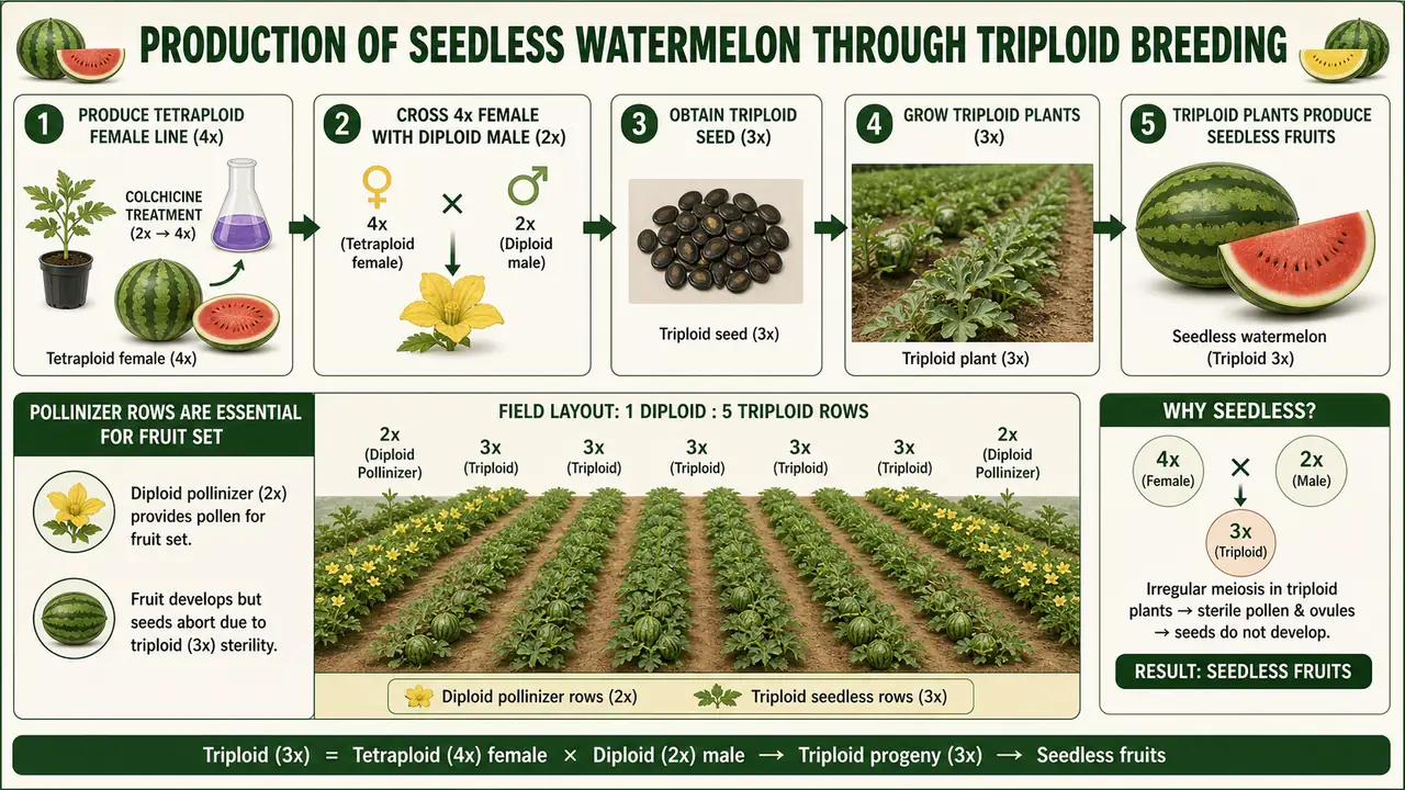 Production of seedless watermelon through triploid breeding showing tetraploid female line crossed with diploid male line to produce triploid seed, triploid plants, seedless fruits, and a field layout with one diploid pollinizer row for every five triploid rows
