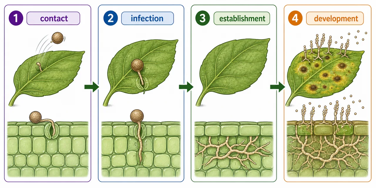 Four stages of fungal disease development in plants showing contact, infection, establishment, and symptom development with spore production