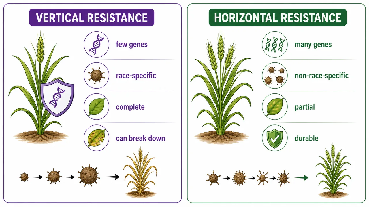 Vertical versus horizontal resistance comparison showing few-gene race-specific complete resistance that can break down versus many-gene durable partial resistance
