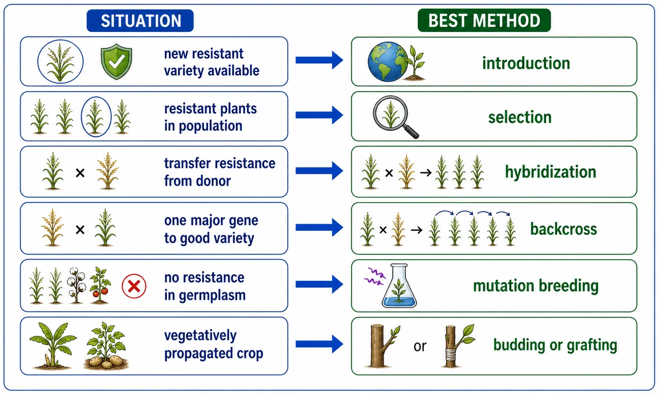 Decision guide for disease resistance breeding showing when to use introduction, selection, hybridization, backcross, mutation breeding, or budding and grafting