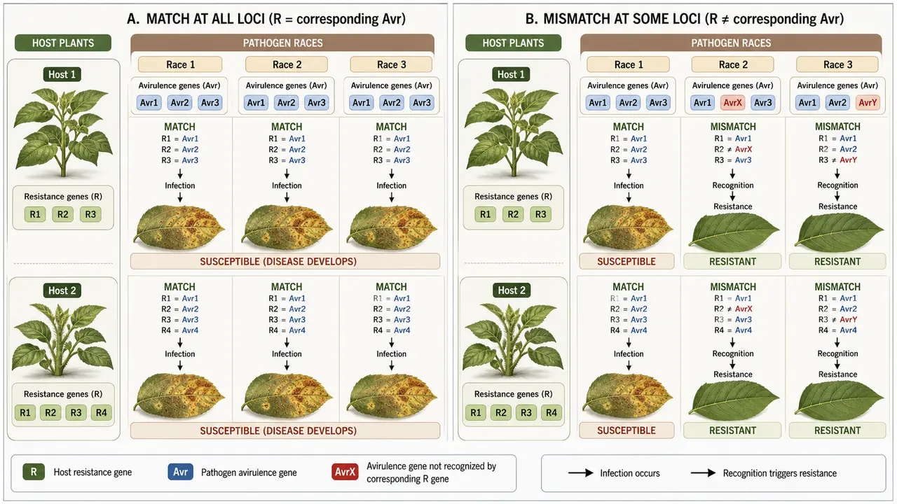 Flor gene-for-gene hypothesis showing host resistance genes and pathogen interaction where complete matching leads to susceptible disease and mismatching leads to resistant reaction