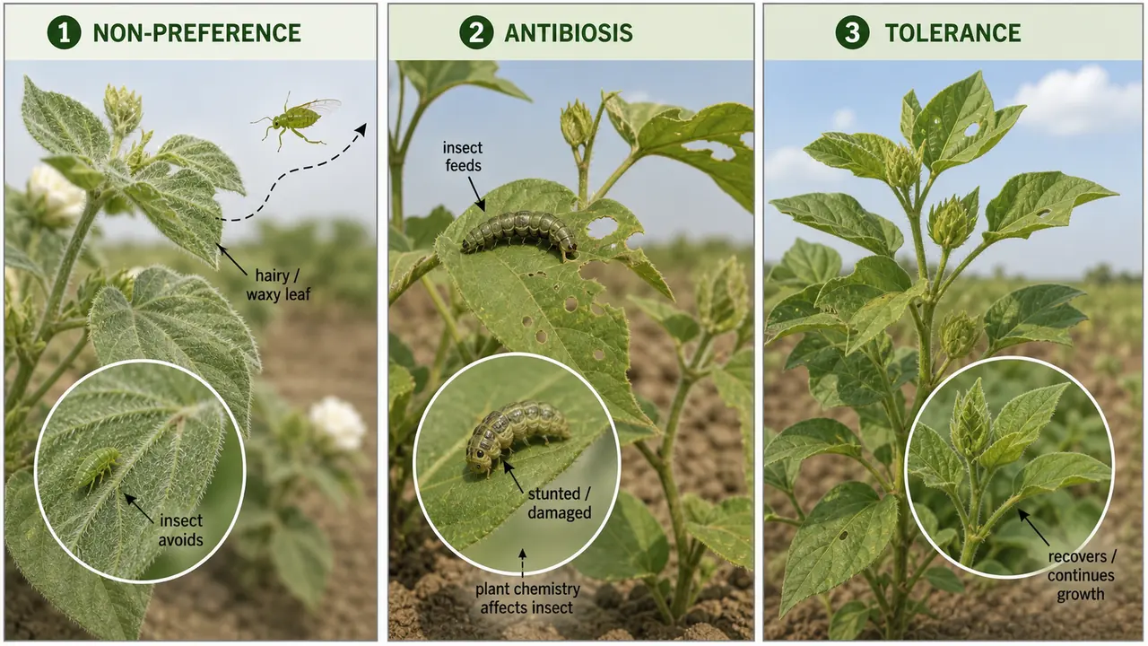 Mechanisms of insect resistance in crop breeding showing non-preference on hairy or waxy leaves, antibiosis that damages the feeding insect, and tolerance where the plant recovers and continues growth