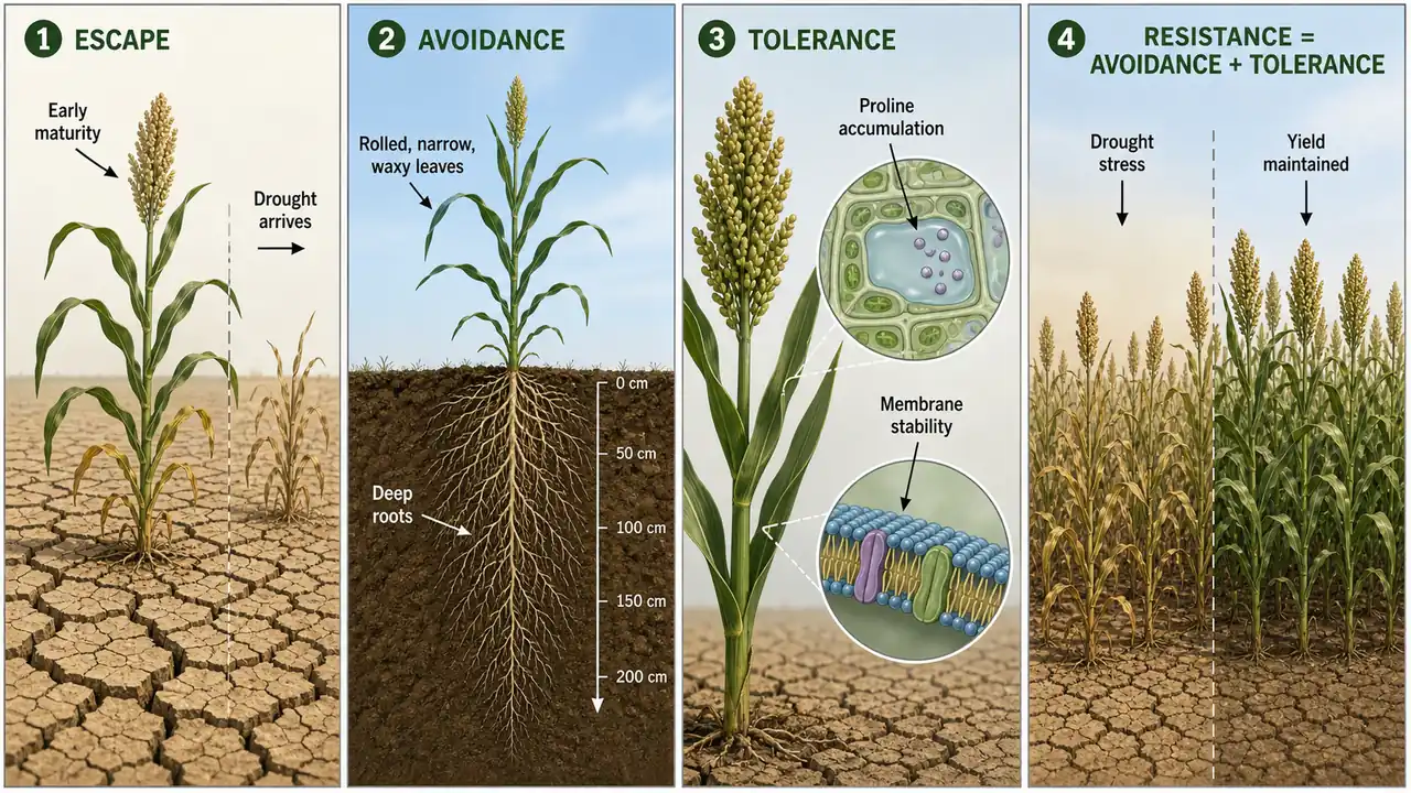 Drought resistance mechanisms in crop breeding showing escape by early maturity, avoidance by deep roots and rolled waxy leaves, tolerance through proline and membrane stability, and final yield maintenance under stress