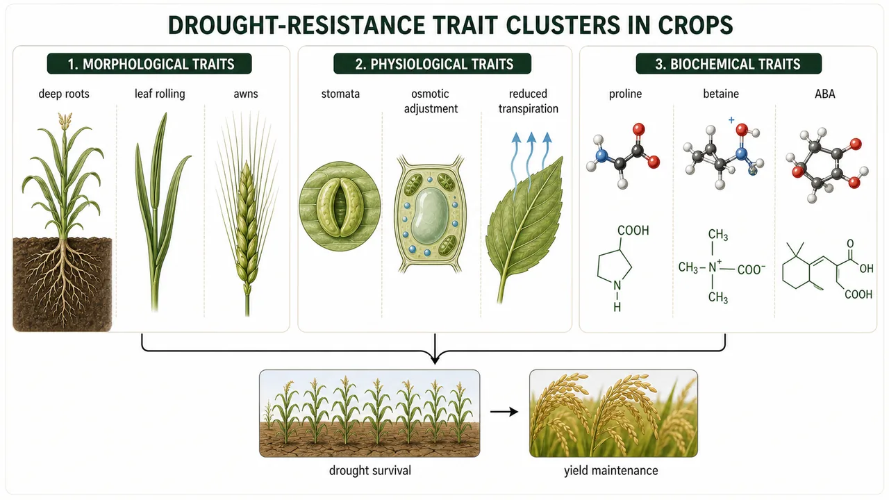 Drought-resistance trait clusters showing morphological traits like deep roots and rolled leaves, physiological traits like stomatal closure and osmotic adjustment, and biochemical traits like proline and ABA accumulation