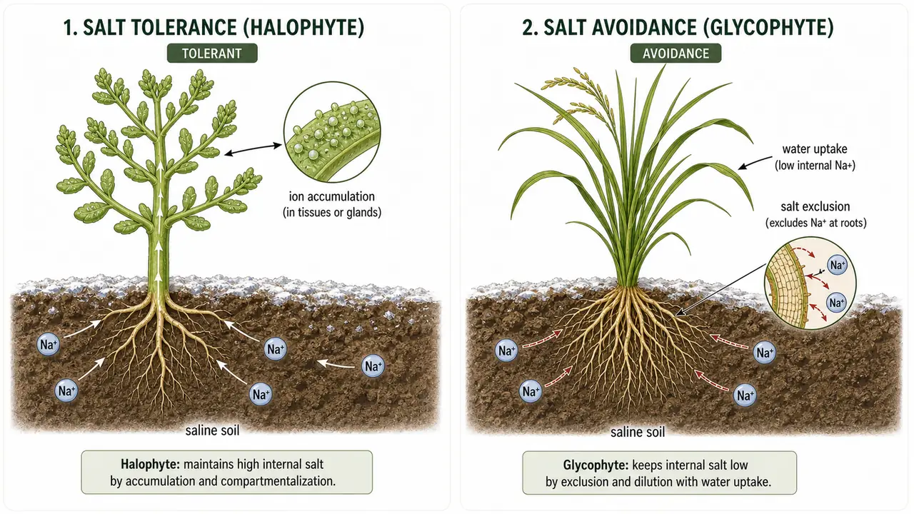Comparison of salt tolerance and salt avoidance showing halophyte ion accumulation versus glycophyte salt exclusion and water uptake under saline conditions