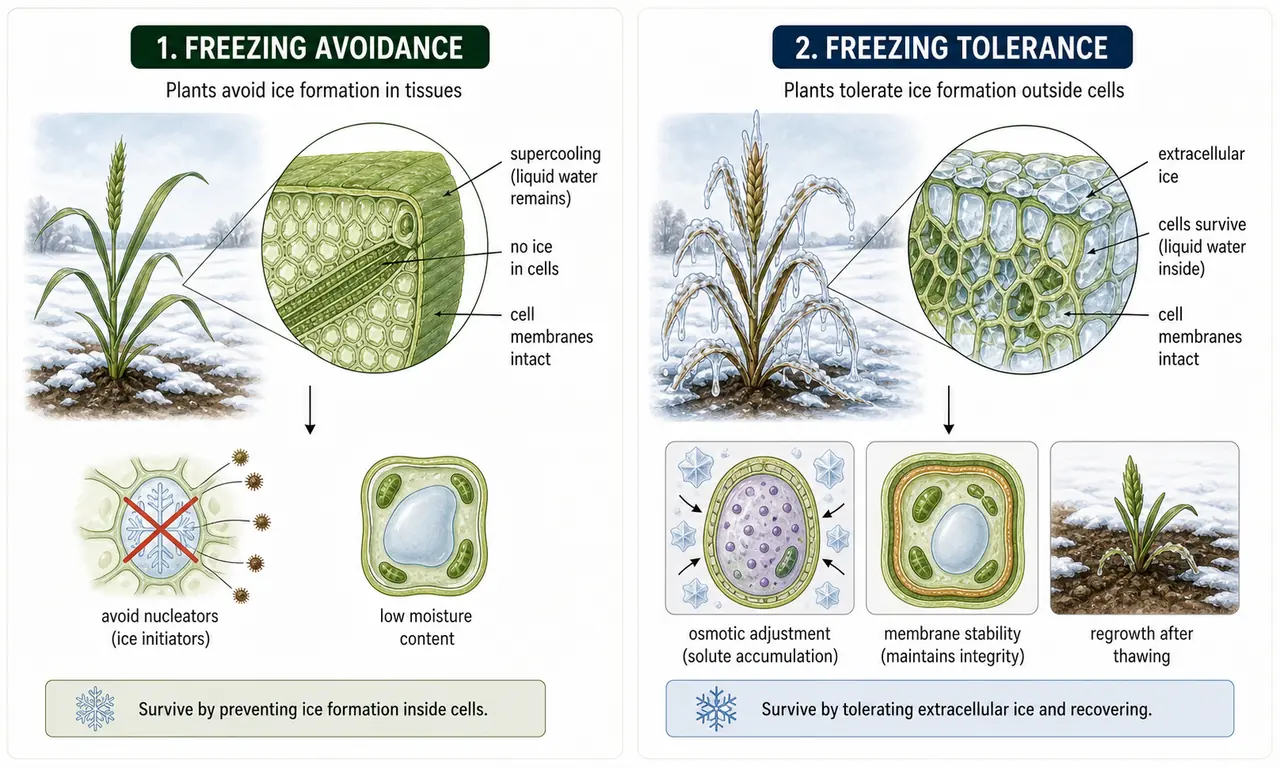 Comparison of freezing avoidance and freezing tolerance showing supercooling without ice formation versus survival and regrowth after extracellular ice formation