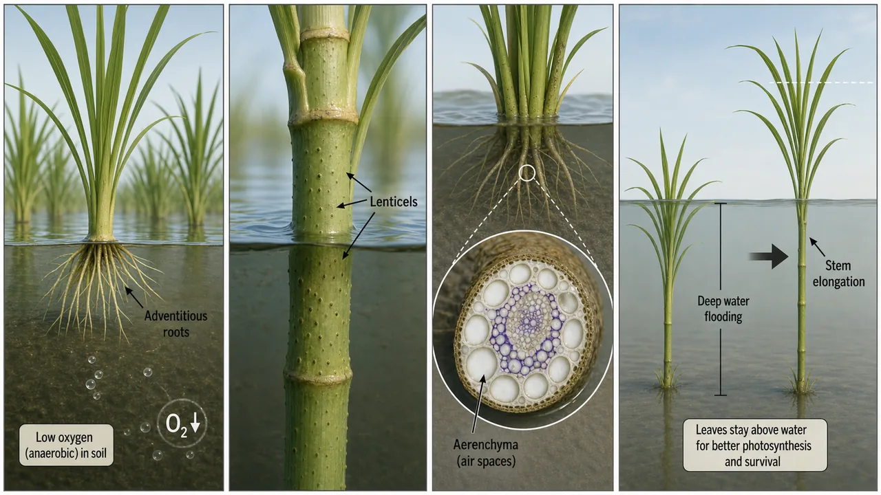 Waterlogging tolerance adaptations in crops showing adventitious roots, lenticels, aerenchyma air spaces, and stem elongation that keeps leaves above flood water