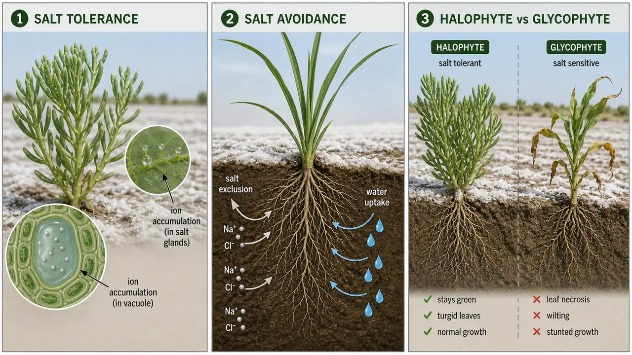 Mechanisms of salt tolerance in crops showing ion accumulation in tolerant plants, salt exclusion and water uptake in avoidance, and comparison of halophyte versus glycophyte response under salinity