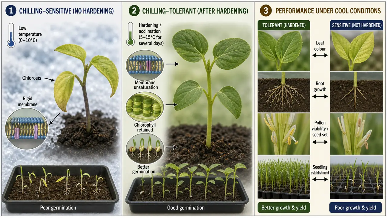 Chilling tolerance mechanisms in crops showing cold-sensitive seedling injury, acclimation or hardening, membrane unsaturation, chlorophyll retention, stronger roots, and better establishment under cool conditions