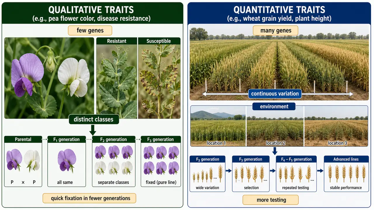 Comparison of qualitative and quantitative traits showing distinct classes with few genes versus continuous variation with many genes and stronger environmental influence in breeding