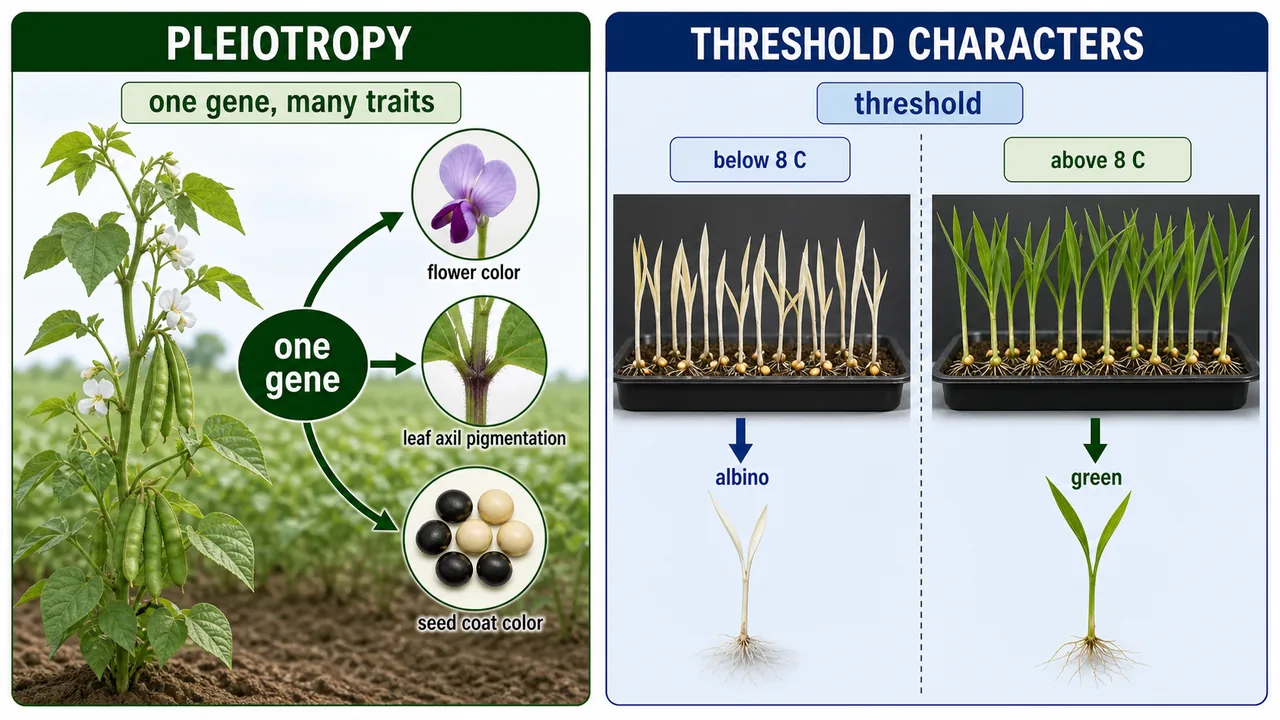 Educational board showing one gene affecting multiple traits in pleiotropy and threshold character expression changing with temperature in barley seedlings
