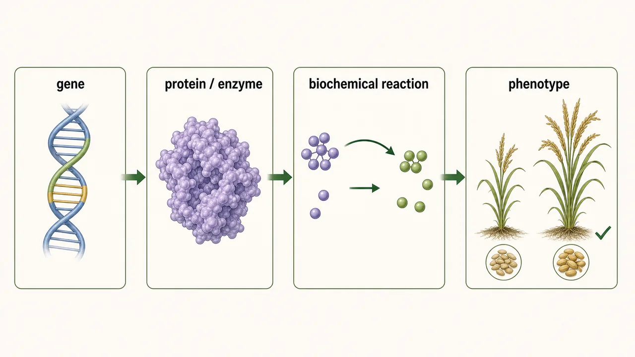 Gene to protein to biochemical reaction to phenotype pathway shown in a crop breeding context