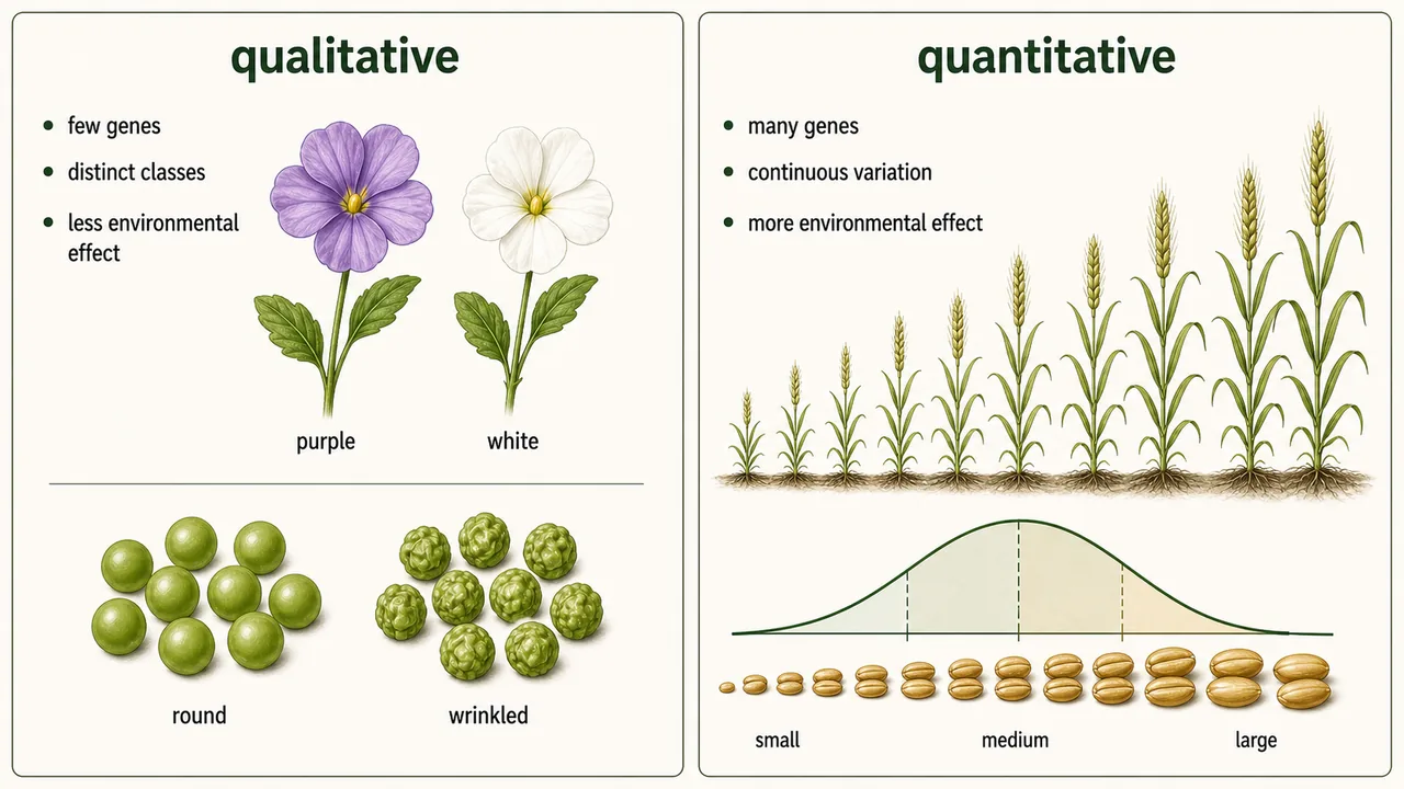 Comparison of qualitative and quantitative crop characters showing distinct classes versus continuous variation