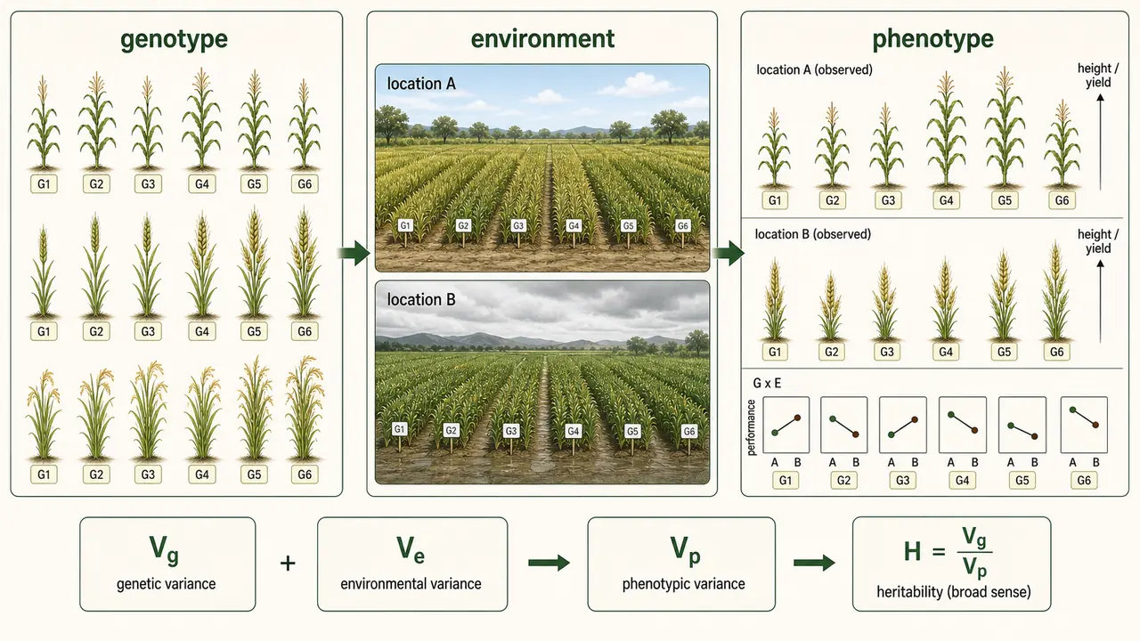 Quantitative genetics board showing genotype, environment, phenotype, genotype by environment interaction, and heritability logic