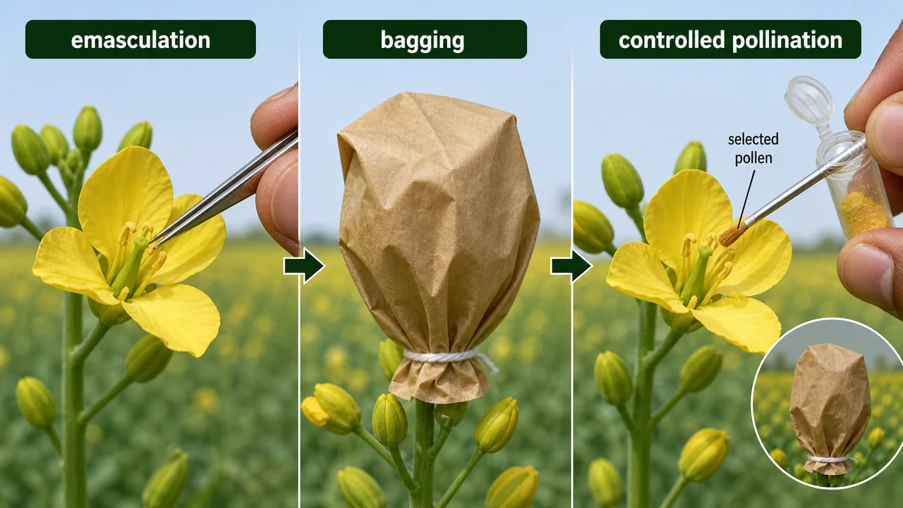 Workflow showing emasculation, bagging, and controlled pollination steps used in plant breeding to prevent self pollination and make a desired cross