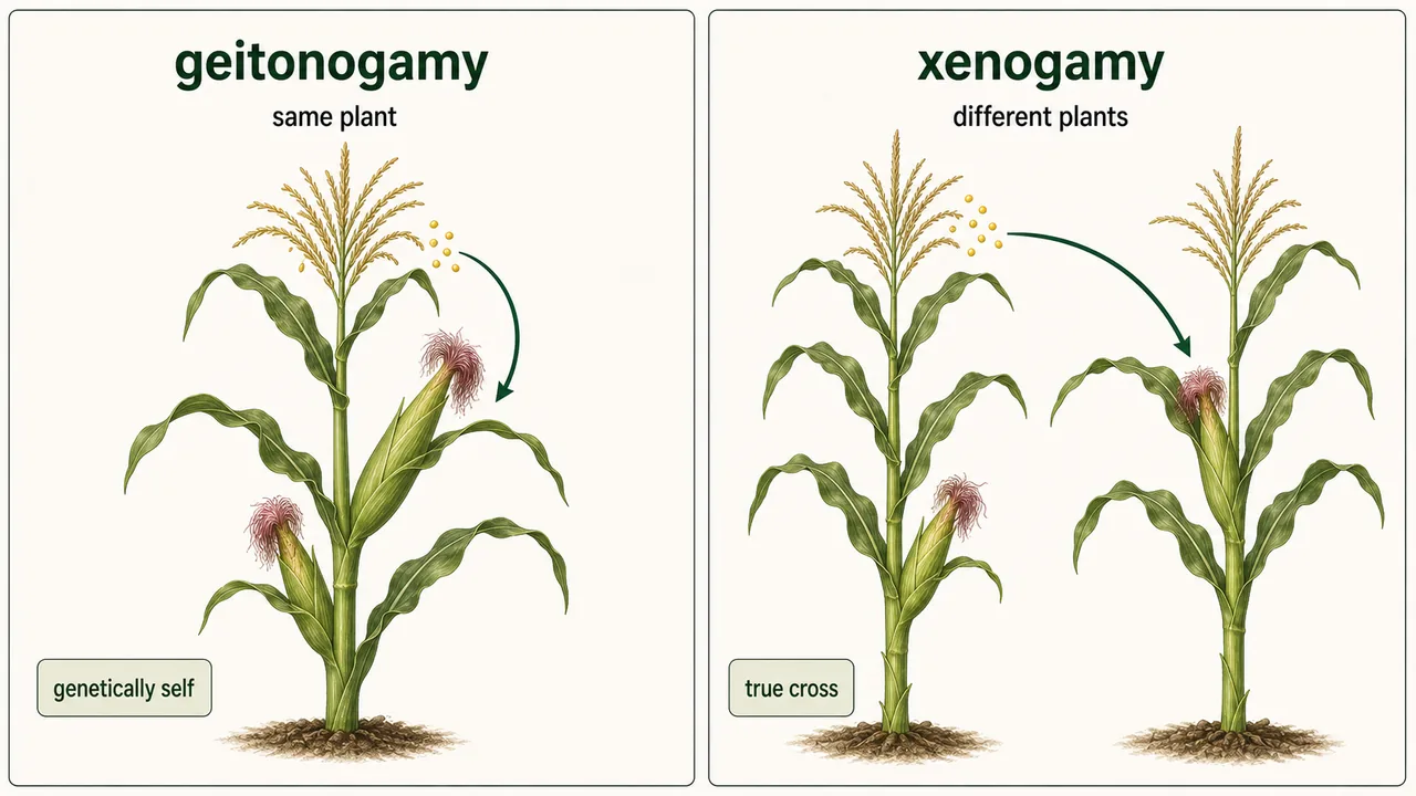 Comparison of geitonogamy and xenogamy showing pollen transfer within the same plant versus between different plants