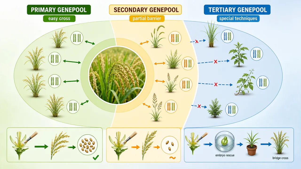 Plant breeding diagram showing primary, secondary, and tertiary genepools with easy crossing in the same species, partial barriers in related species, and special techniques needed for distant wild relatives
