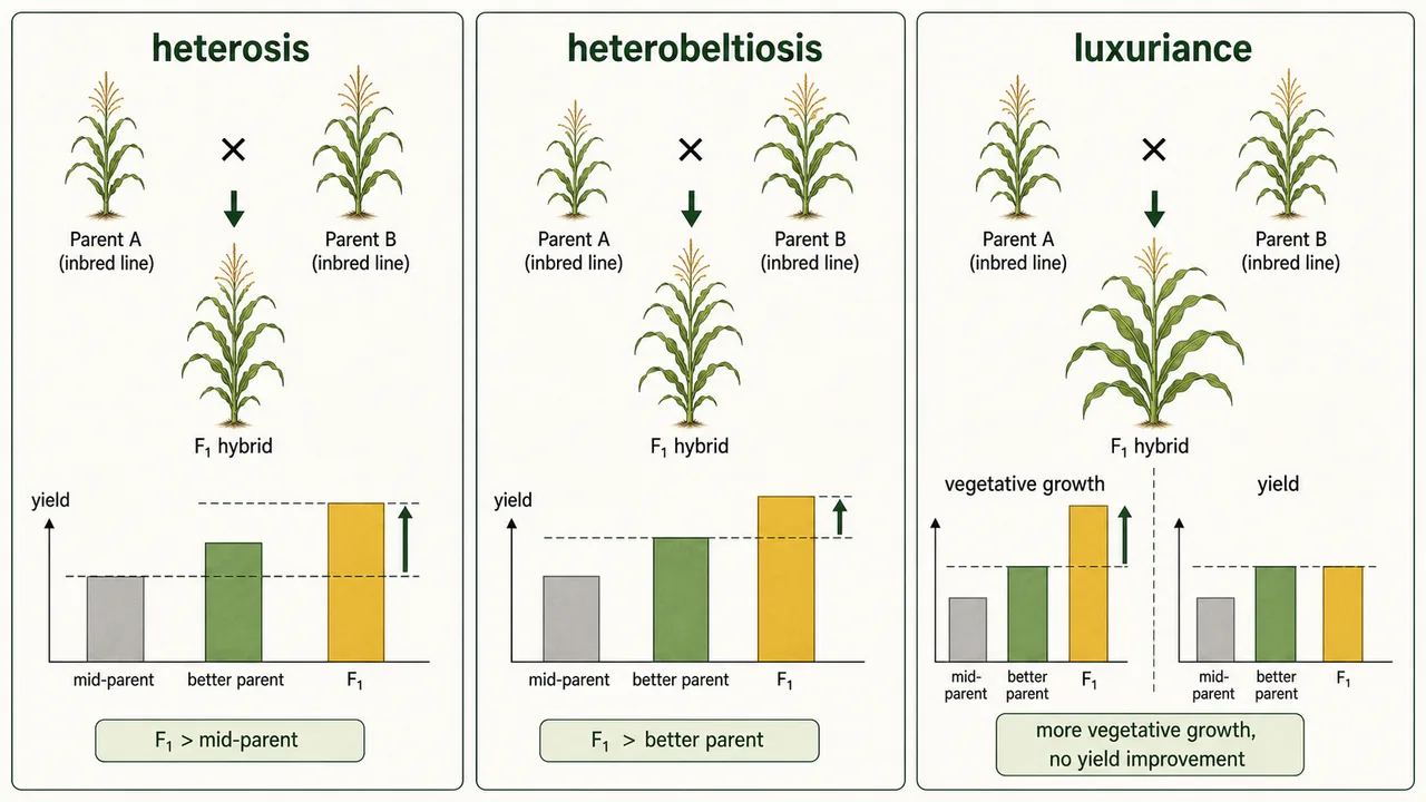 Comparison of heterosis, heterobeltiosis, and luxuriance showing F1 performance relative to parents