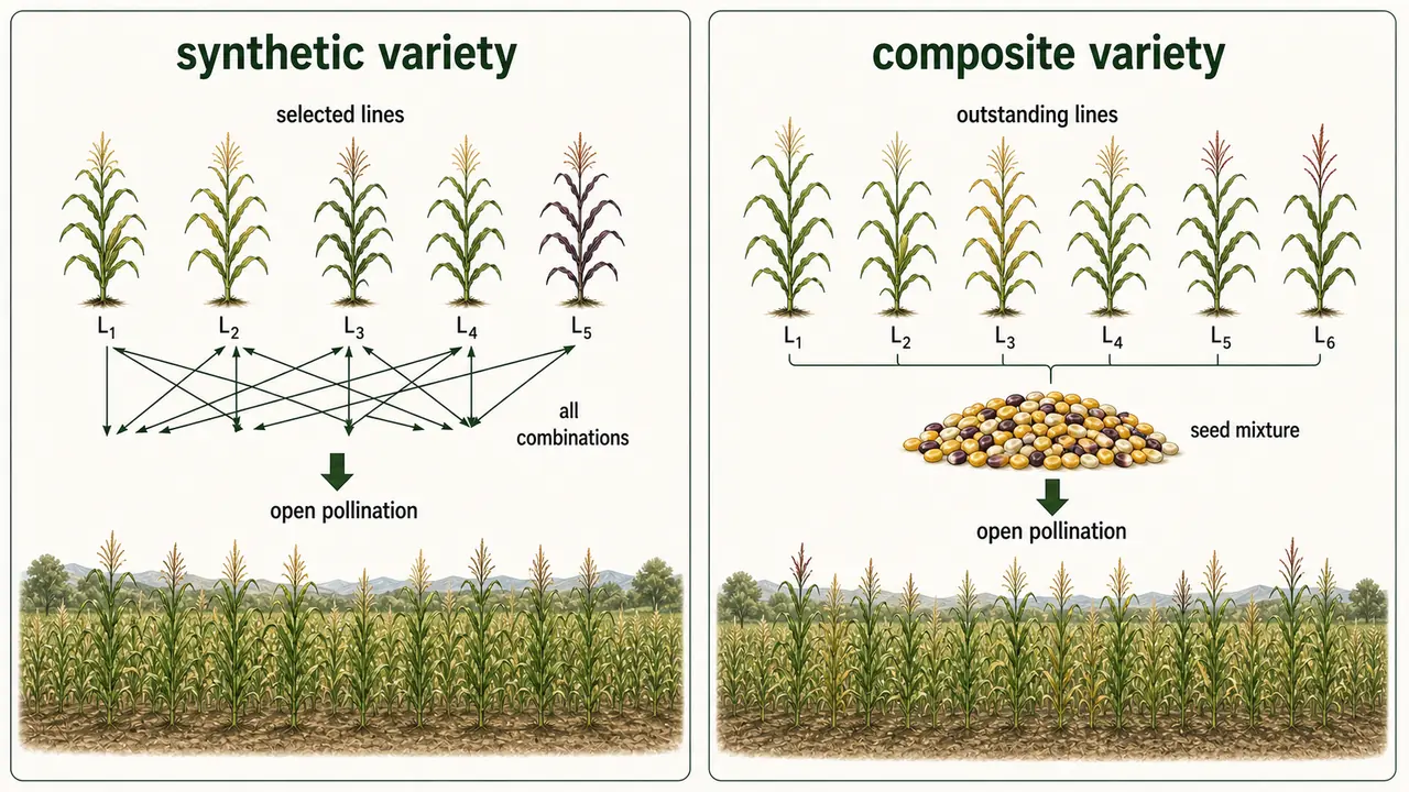 Comparison of synthetic and composite varieties showing controlled line combinations versus seed mixing before open pollination