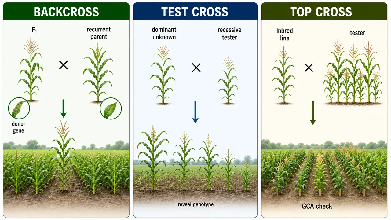 Comparison board showing backcross, test cross, and top cross with their breeding purpose, recurrent parent, recessive tester, and general combining ability check