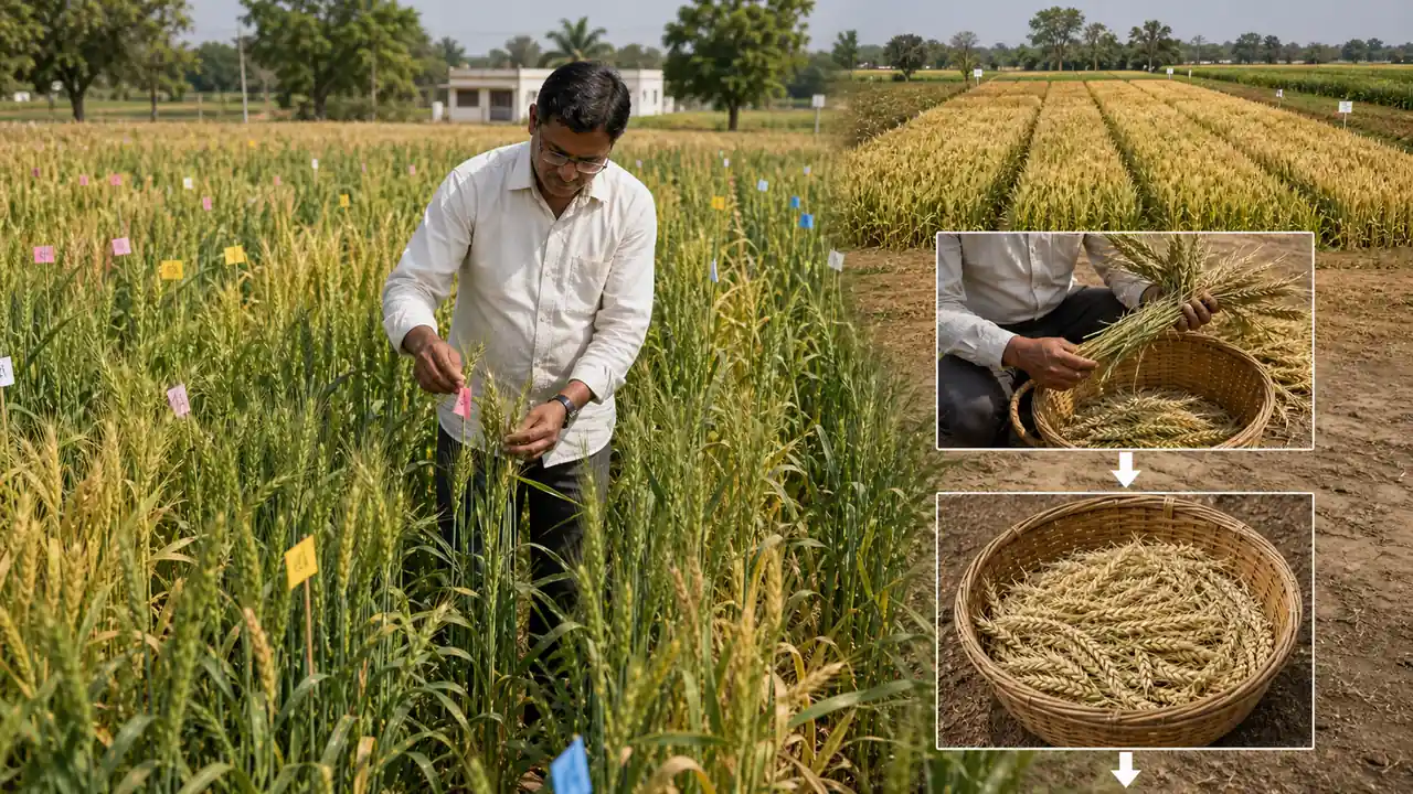Mass selection workflow in crops showing breeder selection of many superior plants and bulking seed for the next generation