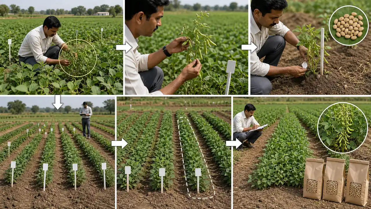 Pure line selection workflow showing single plant selection, progeny rows, best row selection, and release of a uniform pure line variety