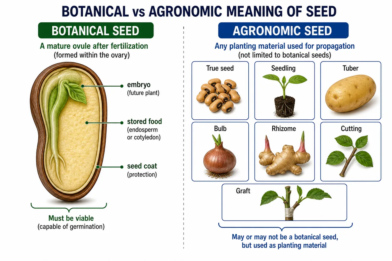 Botanical versus agronomic seed comparison showing fertilized ovule with embryo and seed coat on one side and practical planting materials like seedling, tuber, bulb, rhizome, cutting, and graft on the other