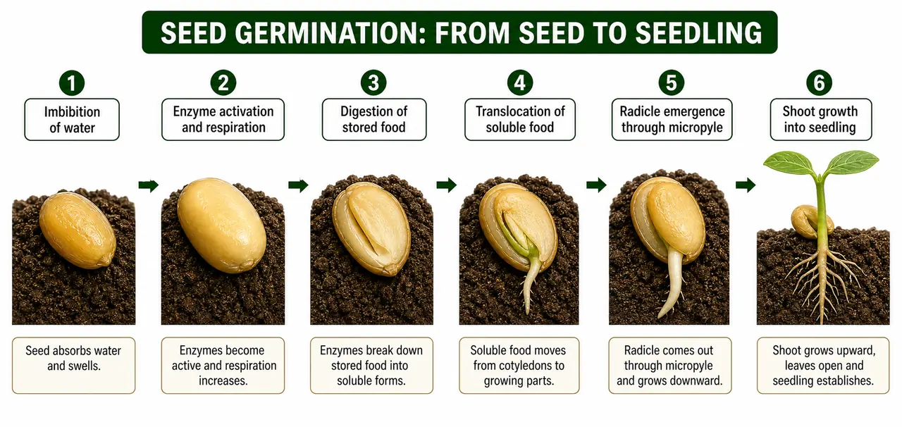 Seed germination sequence showing imbibition, enzyme activation, food digestion, translocation, radicle emergence through micropyle, and shoot growth into a seedling