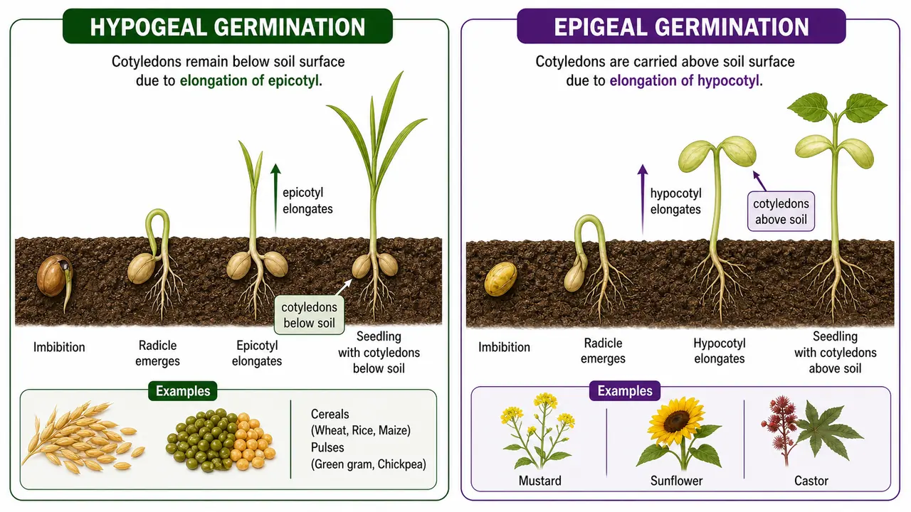Hypogeal versus epigeal germination comparison showing cotyledons below soil with epicotyl elongation versus cotyledons above soil with hypocotyl elongation