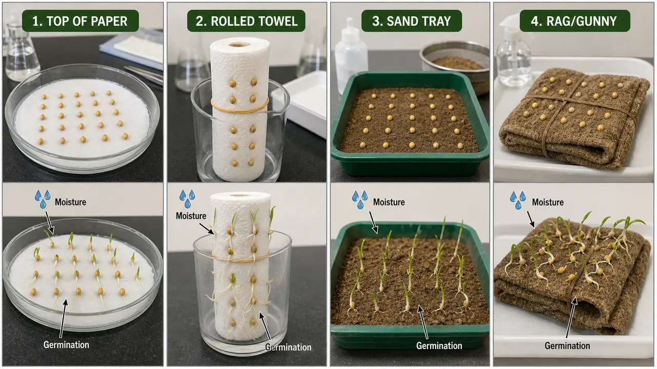 Seed germination testing methods showing top of paper, rolled towel, sand tray, and rag or gunny methods used in seed technology practical work