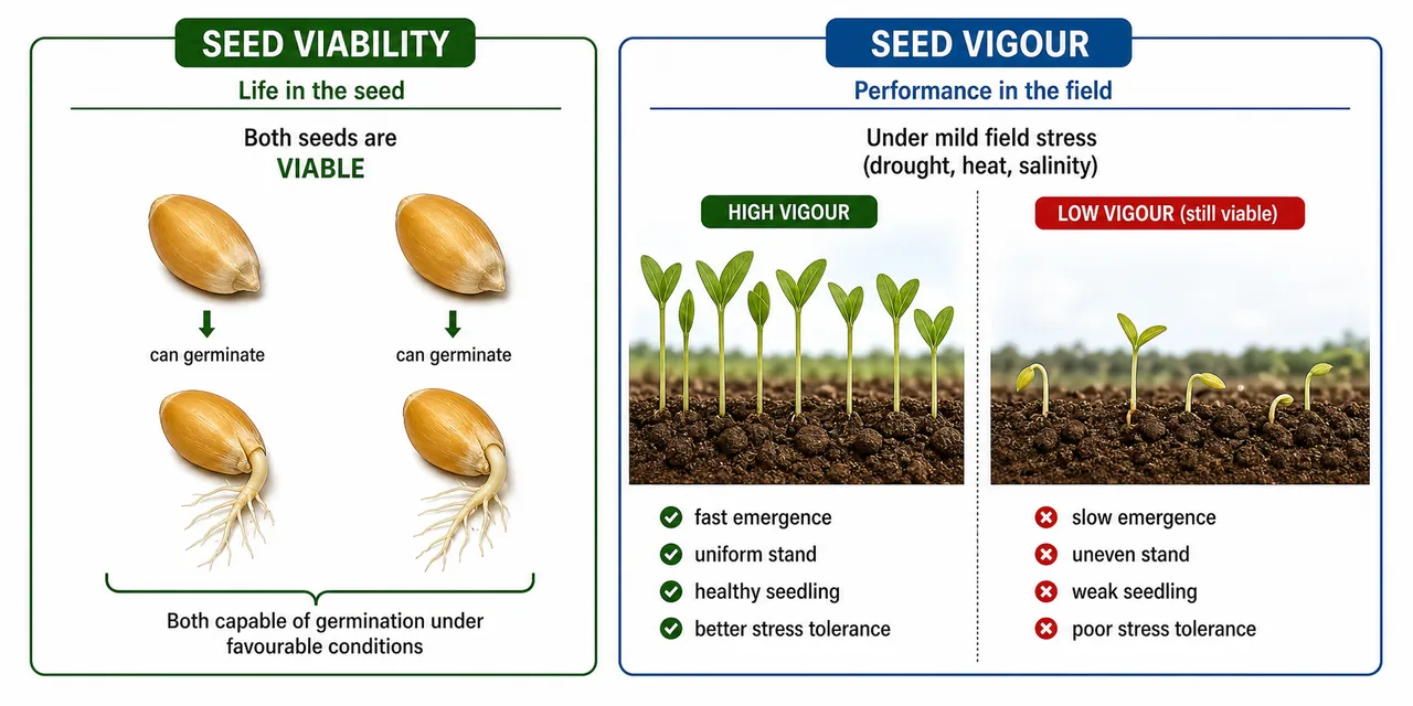 Seed viability versus seed vigour comparison showing both seeds can germinate but only high-vigour seeds emerge quickly and uniformly under field stress