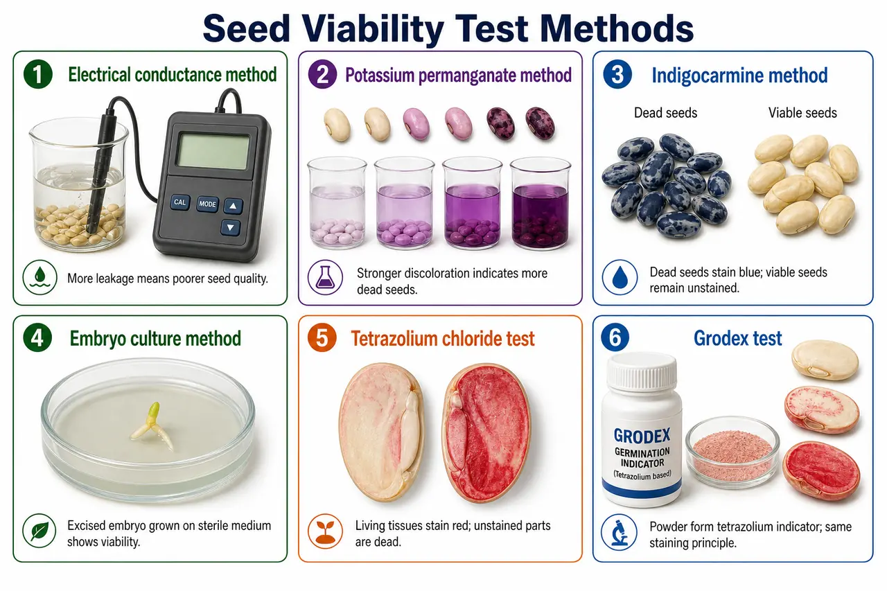Seed viability test methods comparison board showing electrical conductance, potassium permanganate, indigocarmine, embryo culture, tetrazolium chloride, and Grodex tests