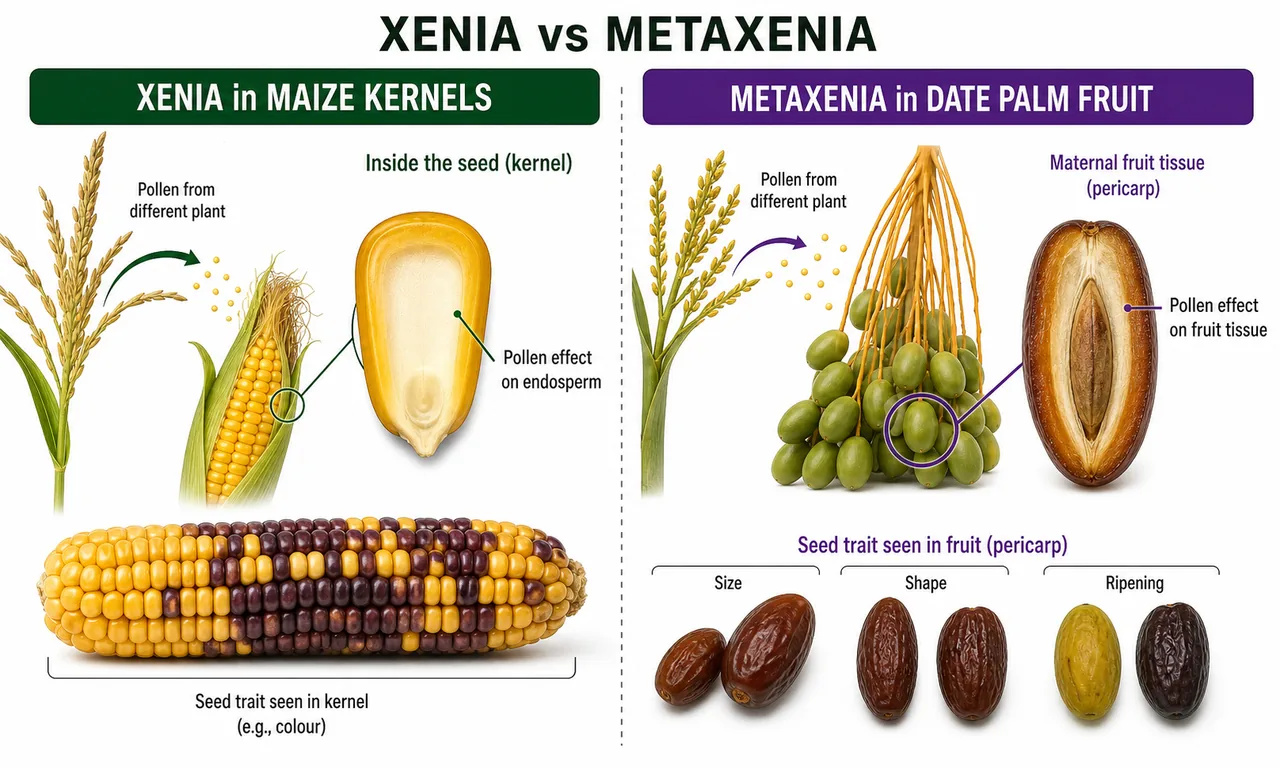 Xenia versus metaxenia comparison showing pollen effect on maize kernel endosperm versus date palm fruit pericarp traits