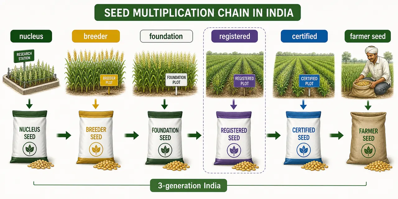 Seed multiplication chain in India showing nucleus seed, breeder seed, foundation seed, registered seed, certified seed, and farmer seed distribution