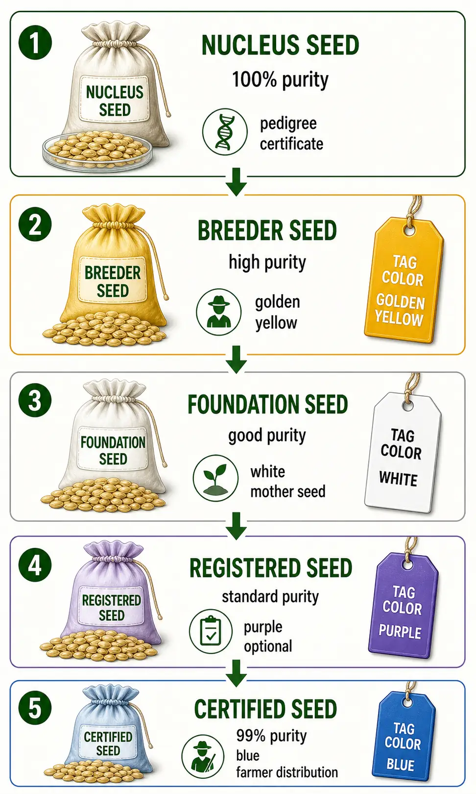 Seed class ladder showing nucleus, breeder, foundation, registered, and certified seed with their identifying certificates or tag colours