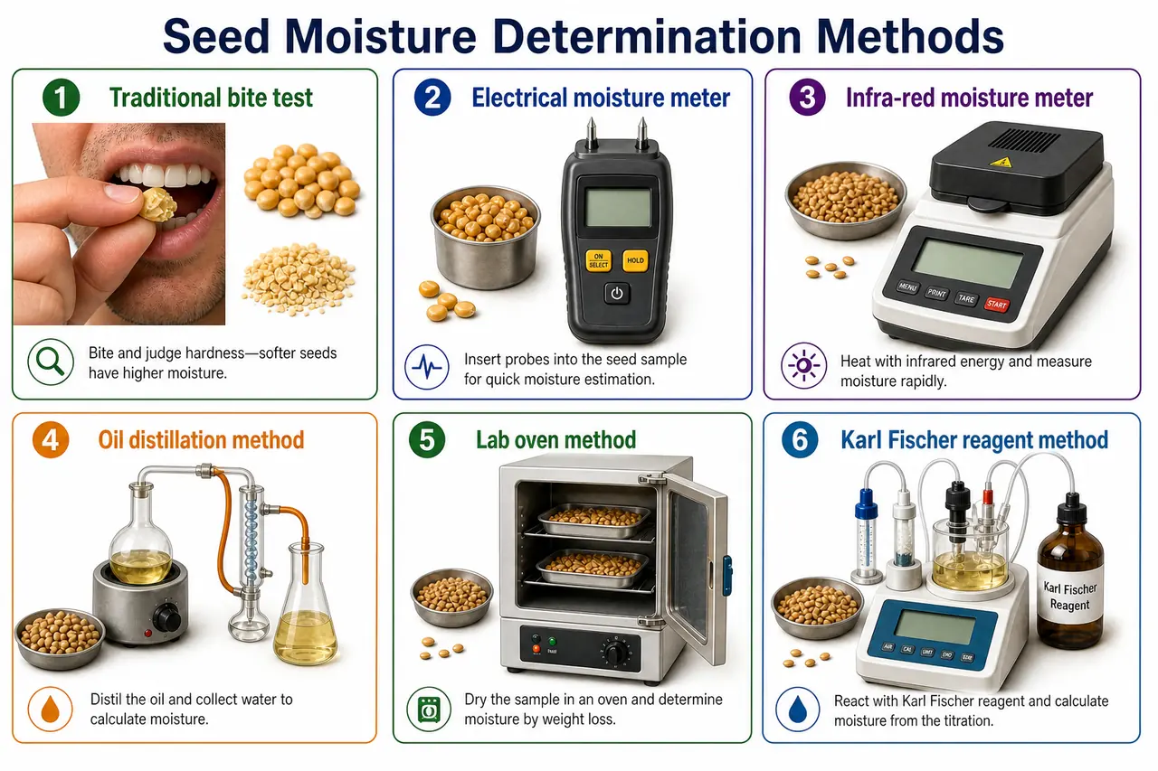 Seed moisture determination methods board showing bite test, electrical meter, infra-red meter, oil distillation, lab oven, and Karl Fischer reagent method