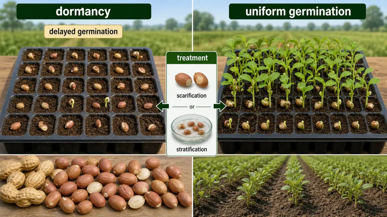 Comparison showing dormant freshly harvested seeds with delayed uneven germination versus treated seeds with fast uniform germination in seed technology