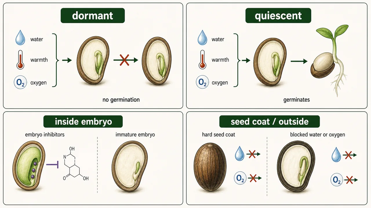 Comparison of dormant and quiescent seeds with internal embryo causes and external seed-coat causes of dormancy