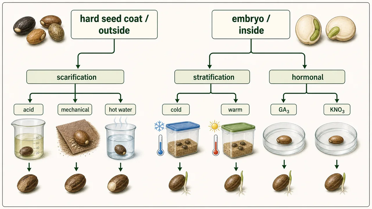Seed dormancy method-choice board linking hard seed-coat dormancy to scarification and embryo-related dormancy to stratification or hormonal treatments