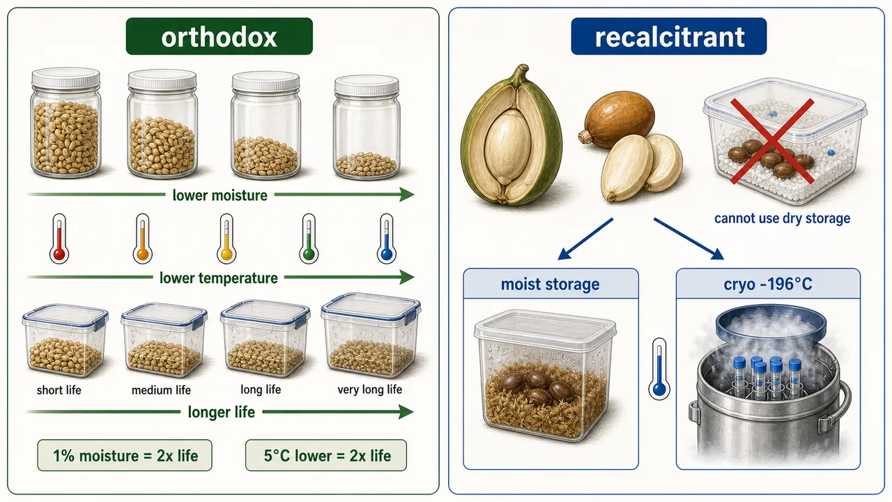 Seed storage board showing orthodox seed life increasing with lower moisture and temperature, and recalcitrant seed need for moist storage or cryopreservation