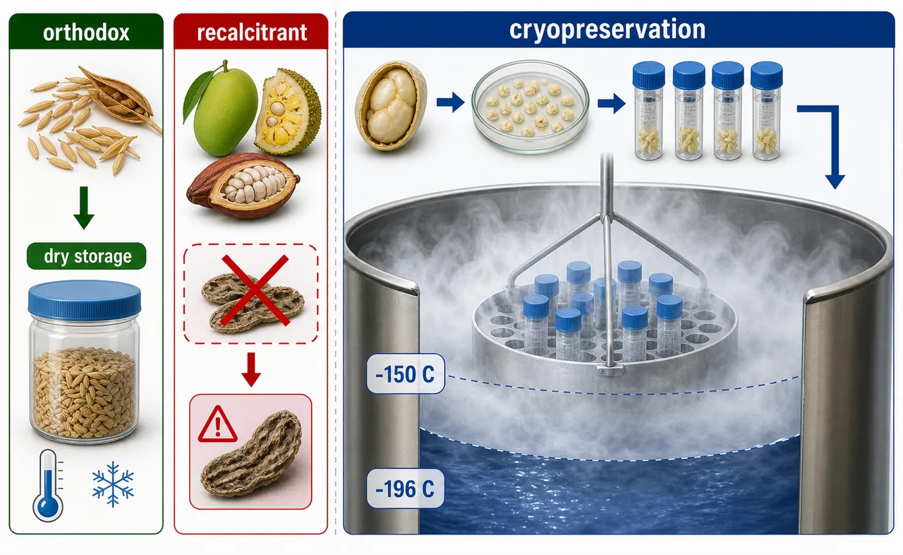 Cryopreservation board showing recalcitrant seeds requiring cryogenic storage while orthodox seeds tolerate dry storage, with safe gaseous phase and liquid nitrogen temperatures
