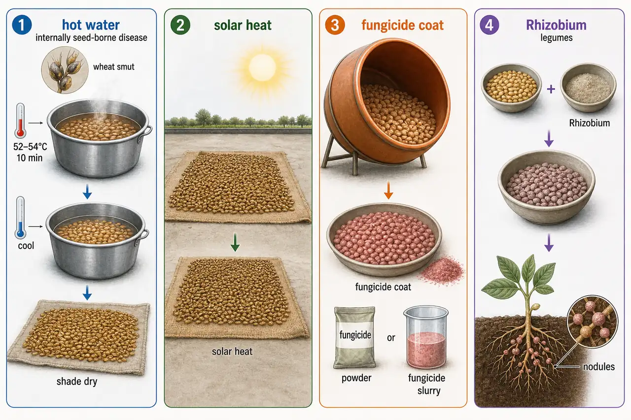 Teaching board comparing hot water treatment, solar heat treatment, fungicide seed coating, and Rhizobium inoculation for seed treatment decisions