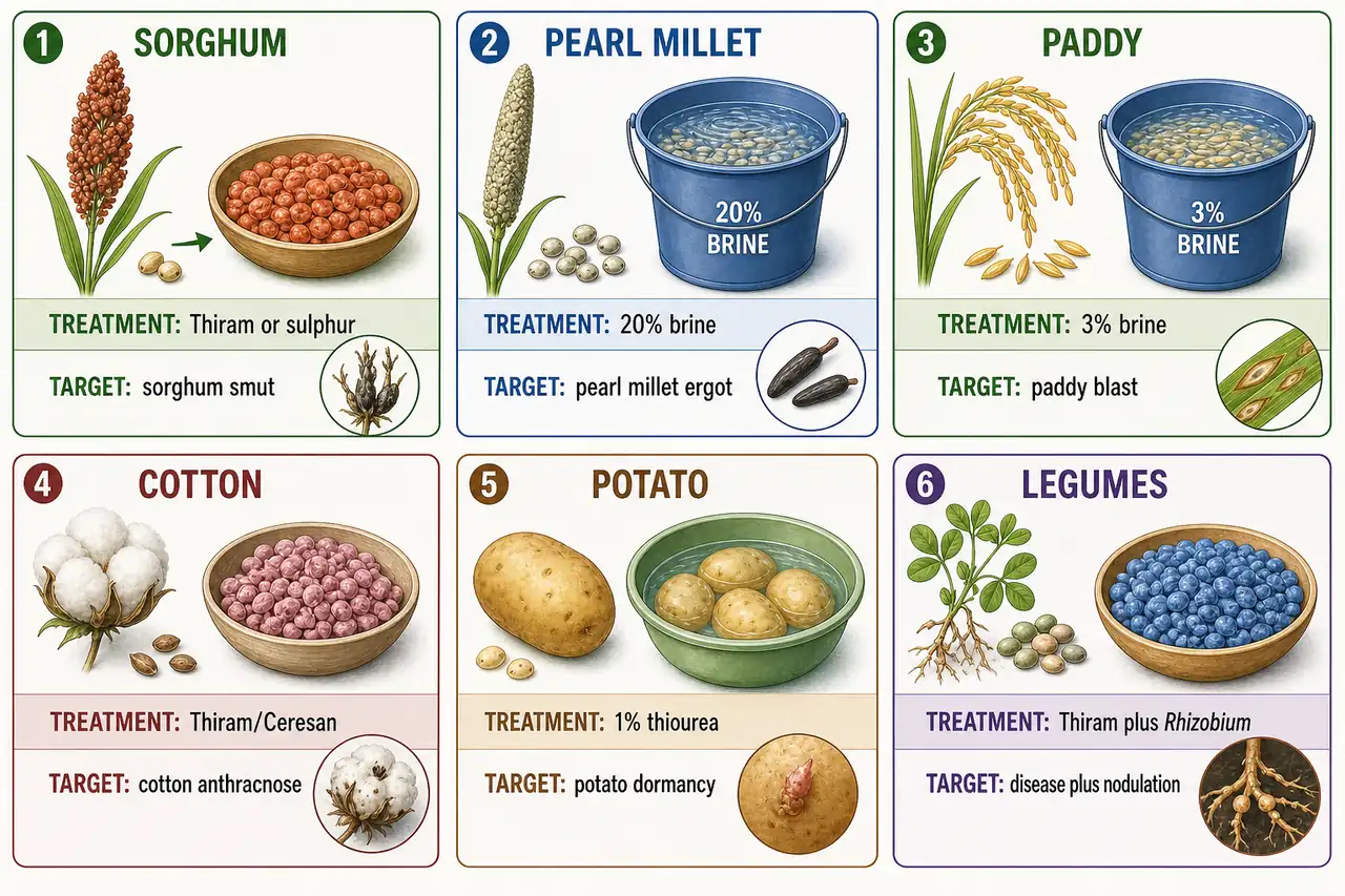 Crop-wise seed treatment reference showing sorghum, pearl millet, paddy, cotton, potato, and legumes with their main treatment and target problem