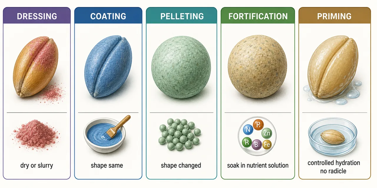 Comparison board showing seed dressing, coating, pelleting, fortification, and priming with how each changes the seed and its treatment process