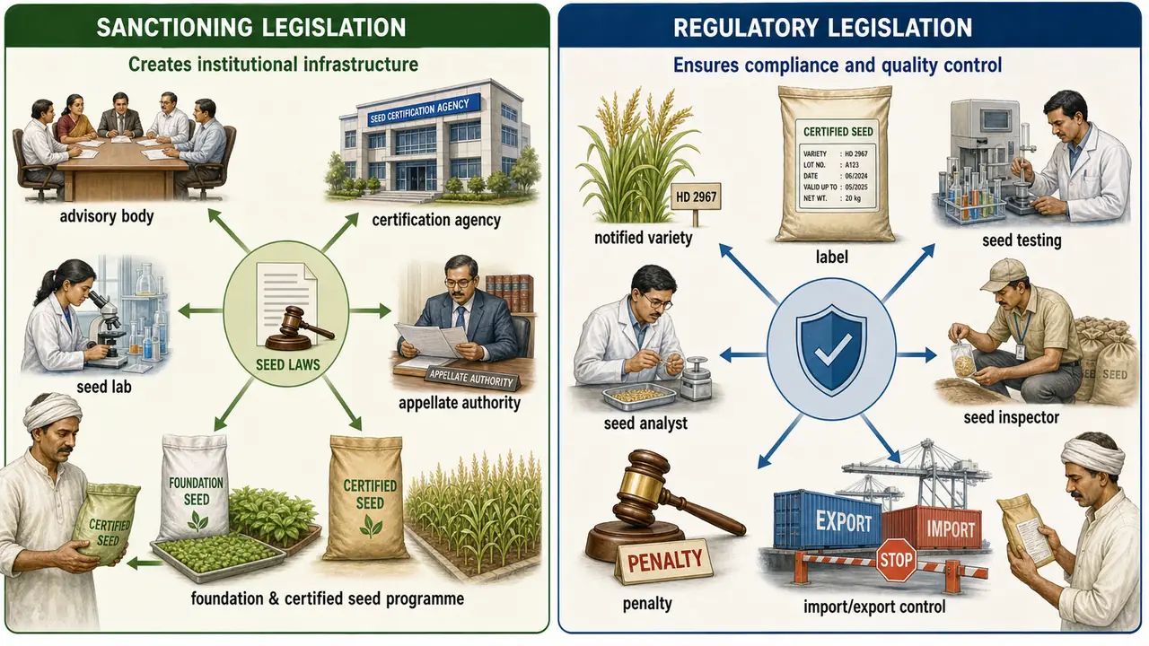 Comparison of sanctioning legislation and regulatory legislation under Indian seed law showing institution creation, seed labs, certification agencies, labelling, inspection, and penalties